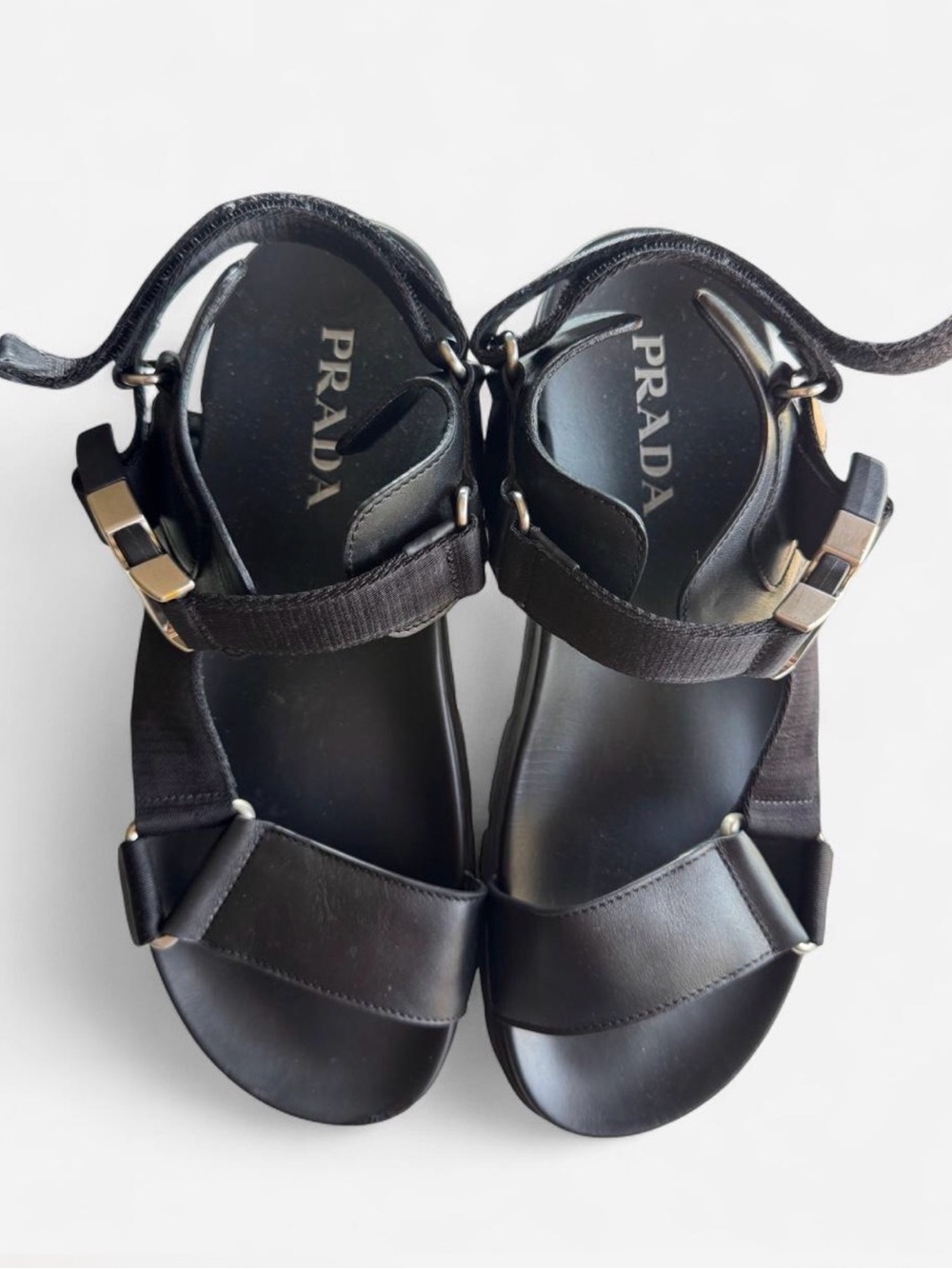 Preowned Prada Nastro Black Canvas and Leather Tape Men's Sandal, size 10 2x3055
